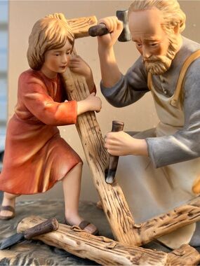 Homco Painted Carpenter and Child Figurine in Orange and Beige